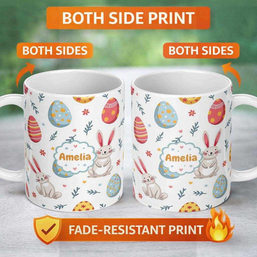 Personalized Custom Name Cute Easter Bunnies Eggs Spring Floral Seamless Pattern Lovely 11oz Ceramic Coffee Tea Mug White Large Handle