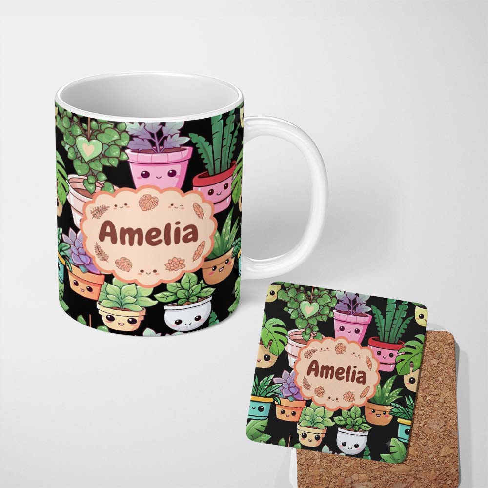 Personalized Custom Name Cute Kawaii Indoor Plants Black Background Seamless Pattern Name 11oz Ceramic Coffee Tea Mug White Large Handle