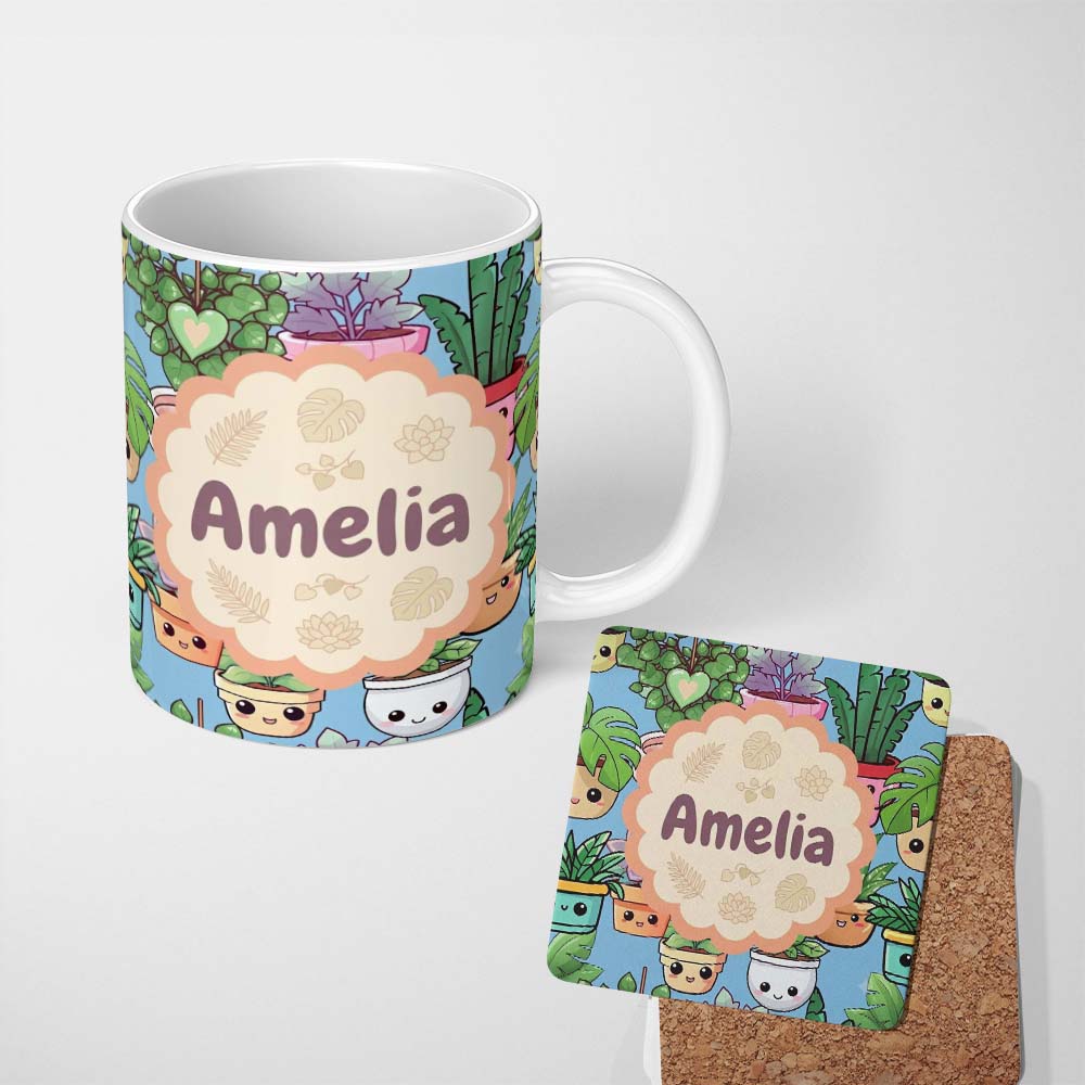 Personalized Custom Name Cute Kawaii Indoor Plants Blue Background Seamless Pattern Name 11oz Ceramic Coffee Tea Mug White Large Handle