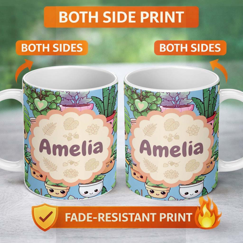 Personalized Custom Name Cute Kawaii Indoor Plants Blue Background Seamless Pattern Name 11oz Ceramic Coffee Tea Mug White Large Handle