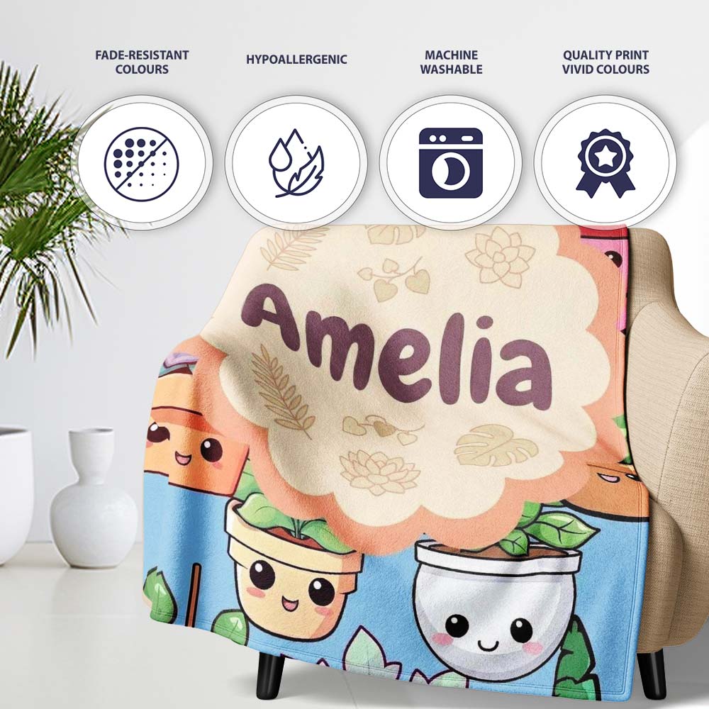 Cute Kawaii Indoor Plants Blue Background Seamless Pattern Name Personalised Custom Name Super Soft Fleece Blanket Bed Sofa Throw