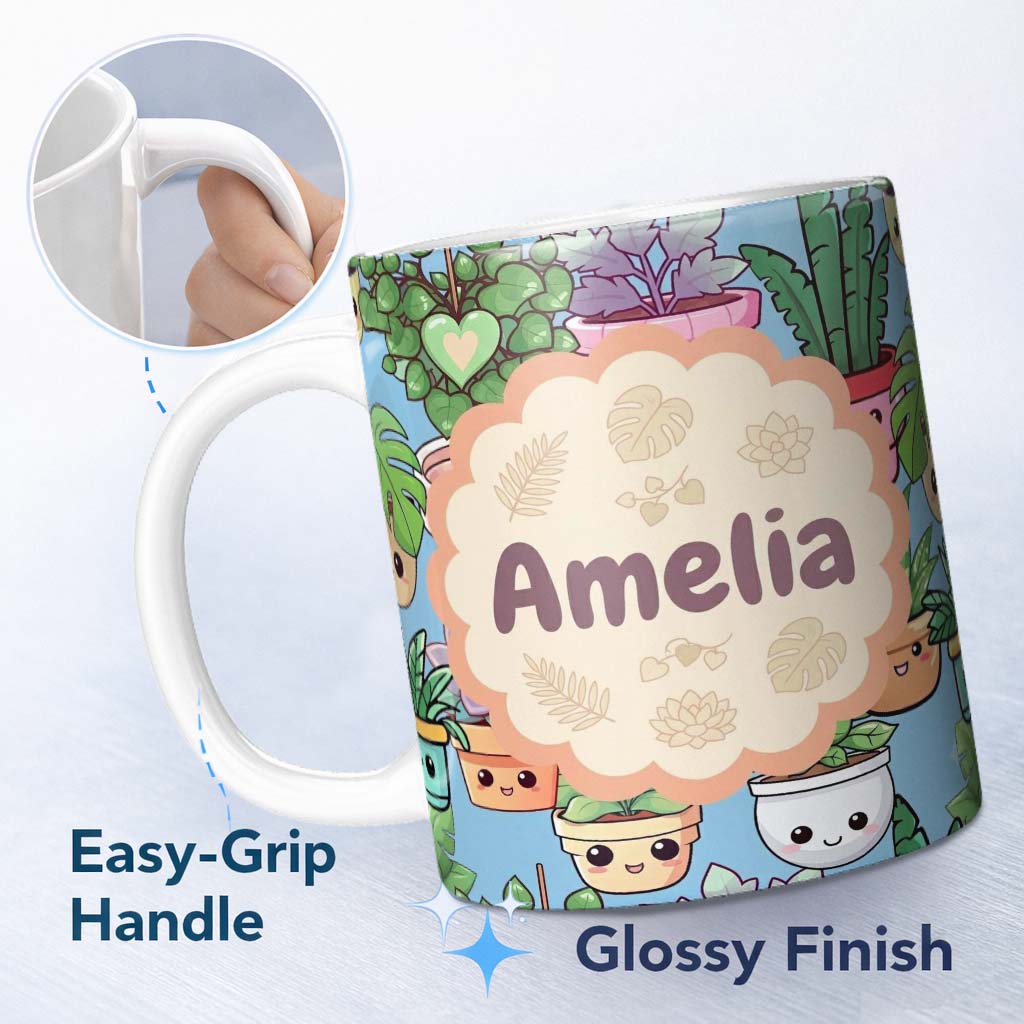 Personalized Custom Name Cute Kawaii Indoor Plants Blue Background Seamless Pattern Name 11oz Ceramic Coffee Tea Mug White Large Handle