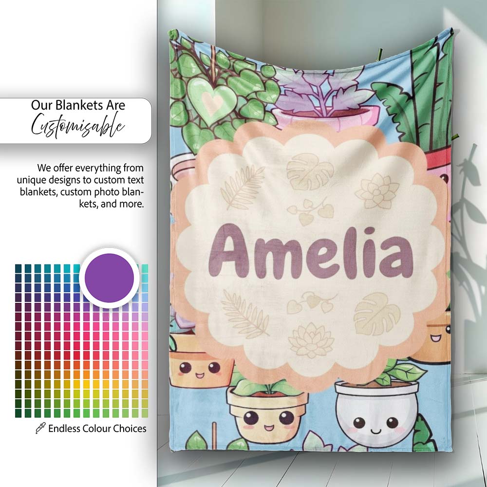 Cute Kawaii Indoor Plants Blue Background Seamless Pattern Name Personalised Custom Name Super Soft Fleece Blanket Bed Sofa Throw