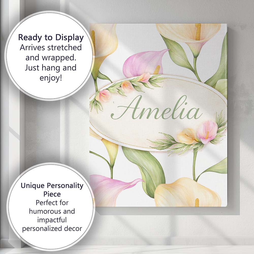 Personalised Name Elegant Calla Lily Botanical Floral Seamless Custom Modern Room Accent Canvas Wall Art Print Decor Picture Ready to Hang