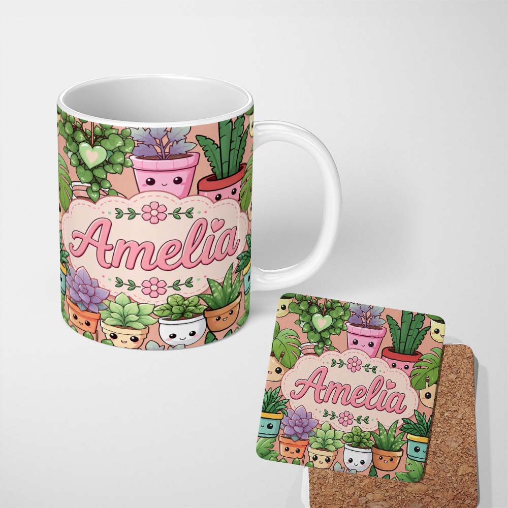 Personalized Custom Name Cute Kawaii Indoor Plants Beige Background Seamless Pattern Name 11oz Ceramic Coffee Tea Mug White Large Handle