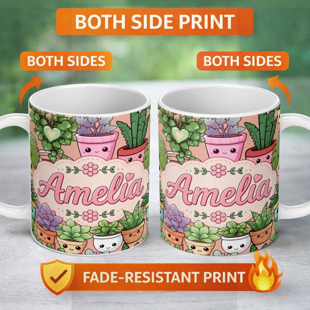 Personalized Custom Name Cute Kawaii Indoor Plants Beige Background Seamless Pattern Name 11oz Ceramic Coffee Tea Mug White Large Handle