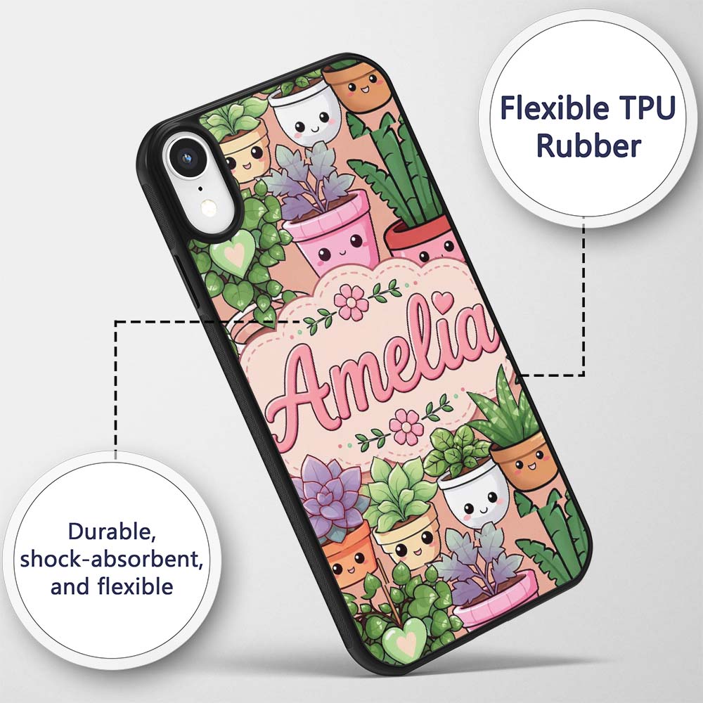 Cute Kawaii Indoor Plants Beige Printed Design Custom Name Protective Phone Case Mobile Cover Durable Everyday Smartphone Shock Resistant