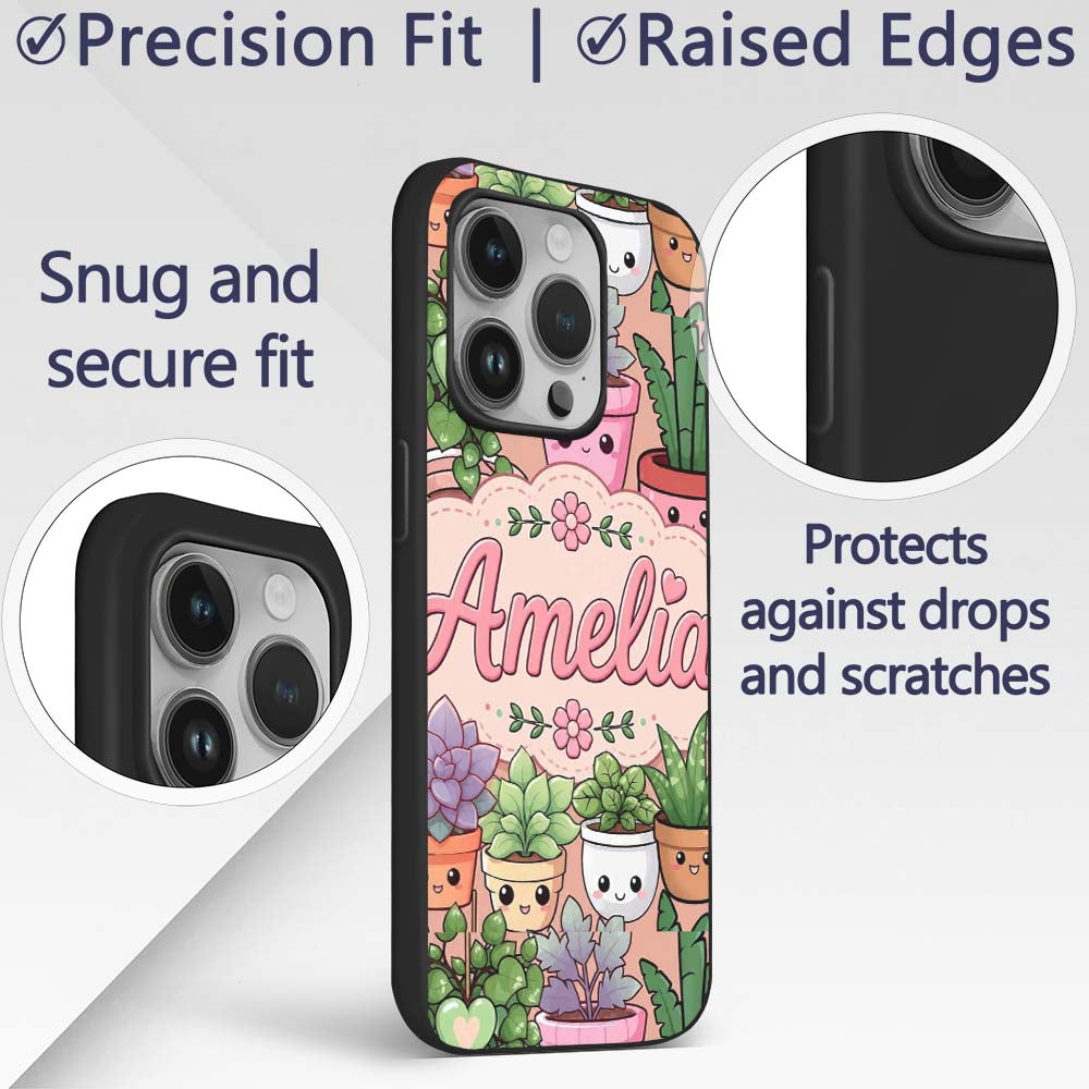Cute Kawaii Indoor Plants Beige Printed Design Custom Name Protective Phone Case Mobile Cover Durable Everyday Smartphone Shock Resistant