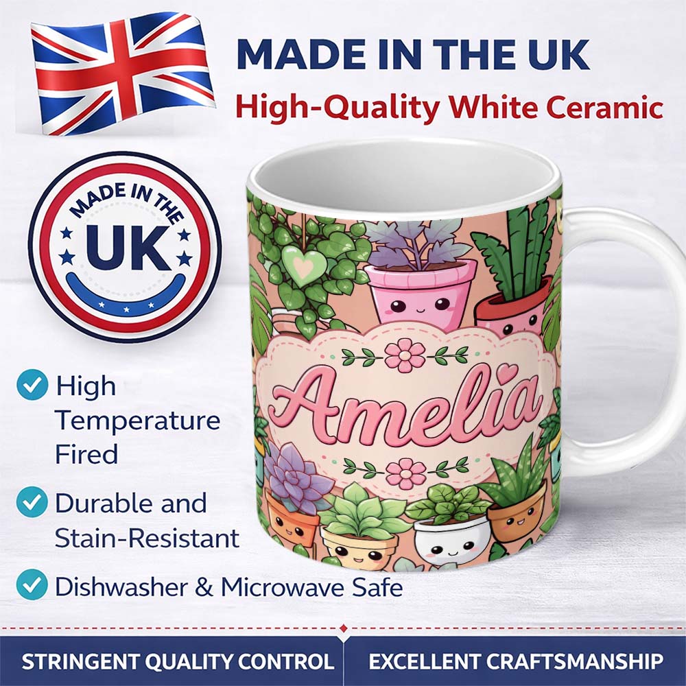 Personalized Custom Name Cute Kawaii Indoor Plants Beige Background Seamless Pattern Name 11oz Ceramic Coffee Tea Mug White Large Handle