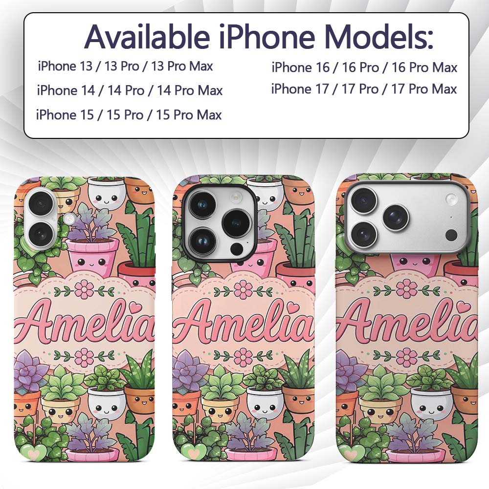 Cute Kawaii Indoor Plants Beige Printed Design Custom Name Protective Phone Case Mobile Cover Durable Everyday Smartphone Shock Resistant