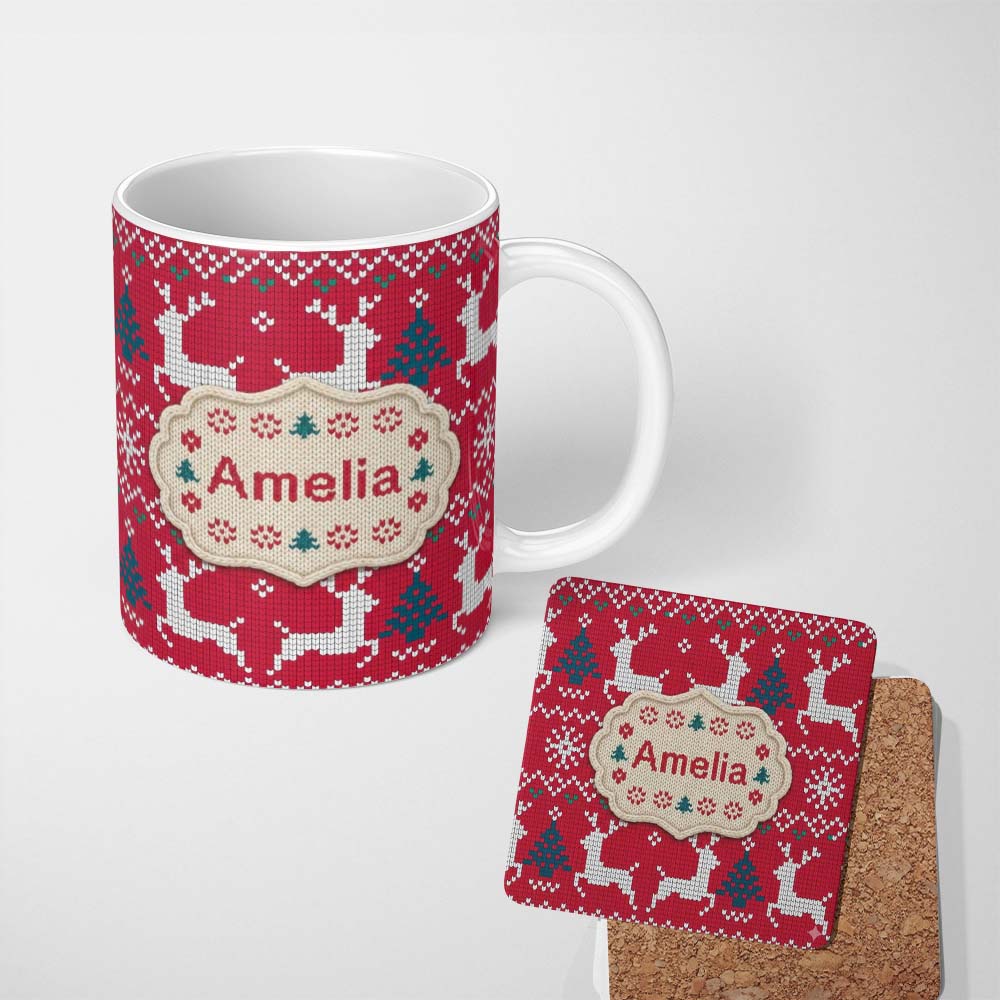 Personalized Custom Name Cute Red Nordic Reindeer Snowflake Christmas Knitted Seamless Lovely 11oz Ceramic Coffee Tea Mug White Large Handle