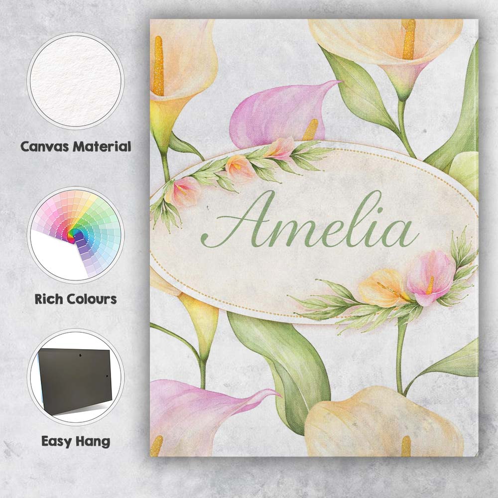 Personalised Name Elegant Calla Lily Botanical Floral Seamless Custom Modern Room Accent Canvas Wall Art Print Decor Picture Ready to Hang