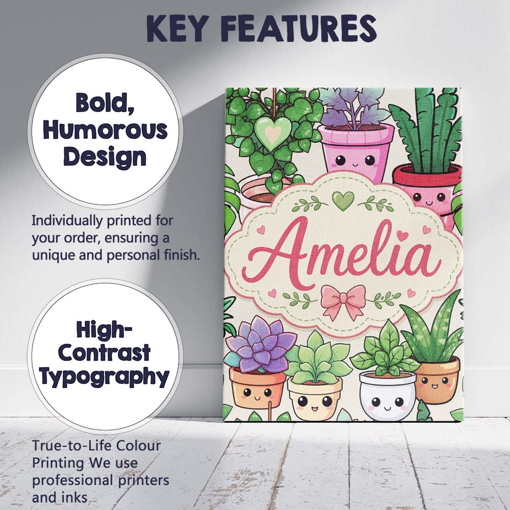 Personalised Name Cute Kawaii Indoor Plants Custom Bespoke Interior Contemporary Canvas Wall Art Print Decor Picture Ready to Hang