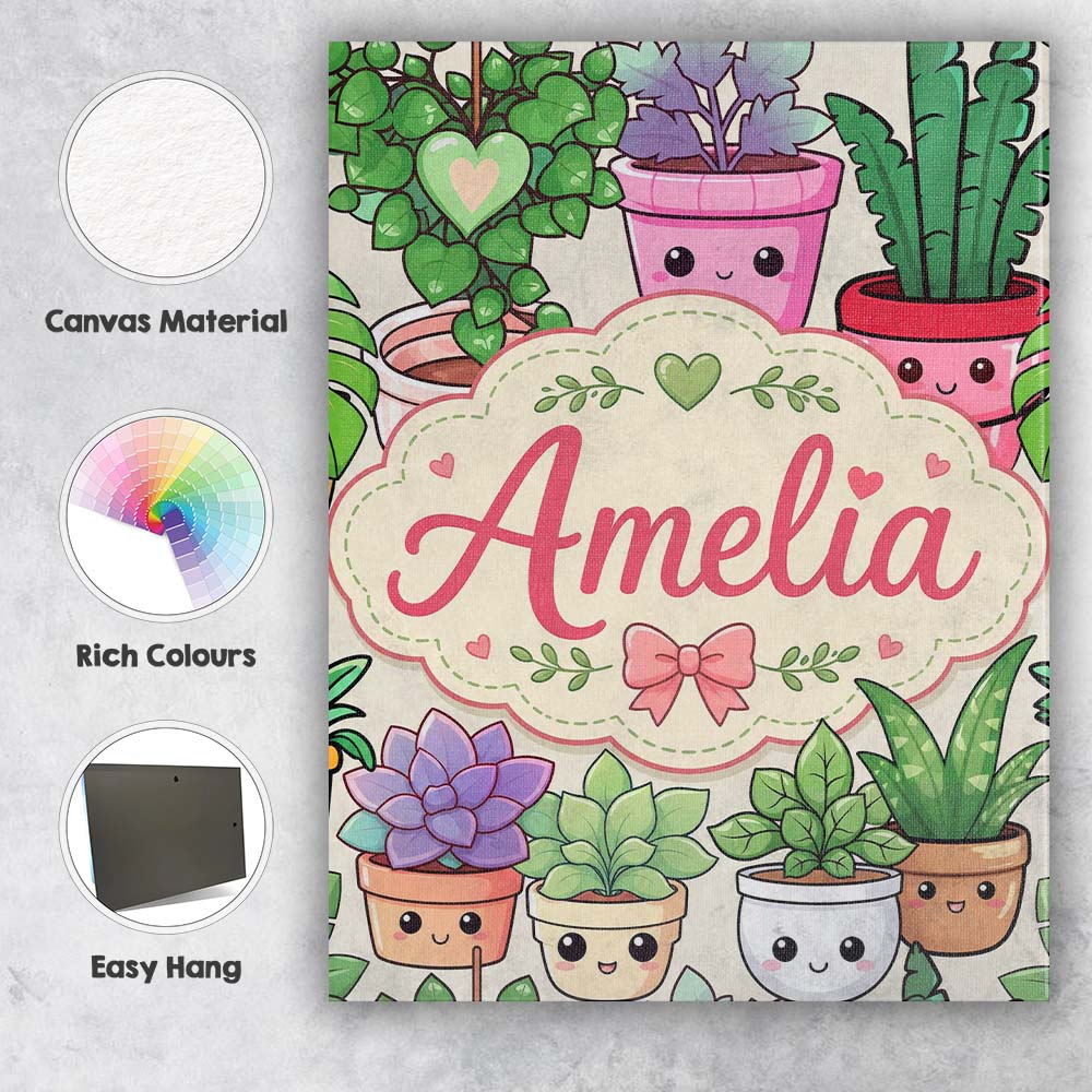 Personalised Name Cute Kawaii Indoor Plants Custom Bespoke Interior Contemporary Canvas Wall Art Print Decor Picture Ready to Hang