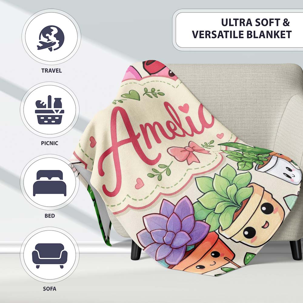 Cute Kawaii Indoor Plants Cream Background Seamless Pattern Name Personalised Custom Name Super Soft Fleece Blanket Bed Sofa Throw