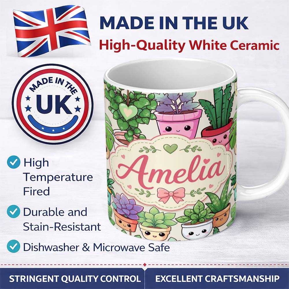 Personalized Custom Name Cute Kawaii Indoor Plants Cream Background Seamless Pattern Name 11oz Ceramic Coffee Tea Mug White Large Handle