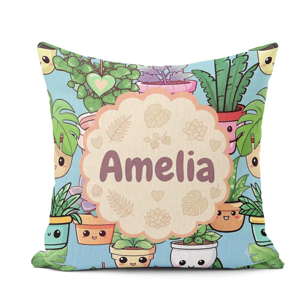 Custom Name Cute Kawaii Indoor Plants Mint Seamless Pattern Name Square Filled Cushion Throw Pillow Sofa Bed Home Decor Zip Washable UK Made