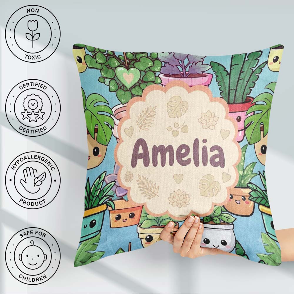 Custom Name Cute Kawaii Indoor Plants Mint Seamless Pattern Name Square Filled Cushion Throw Pillow Sofa Bed Home Decor Zip Washable UK Made