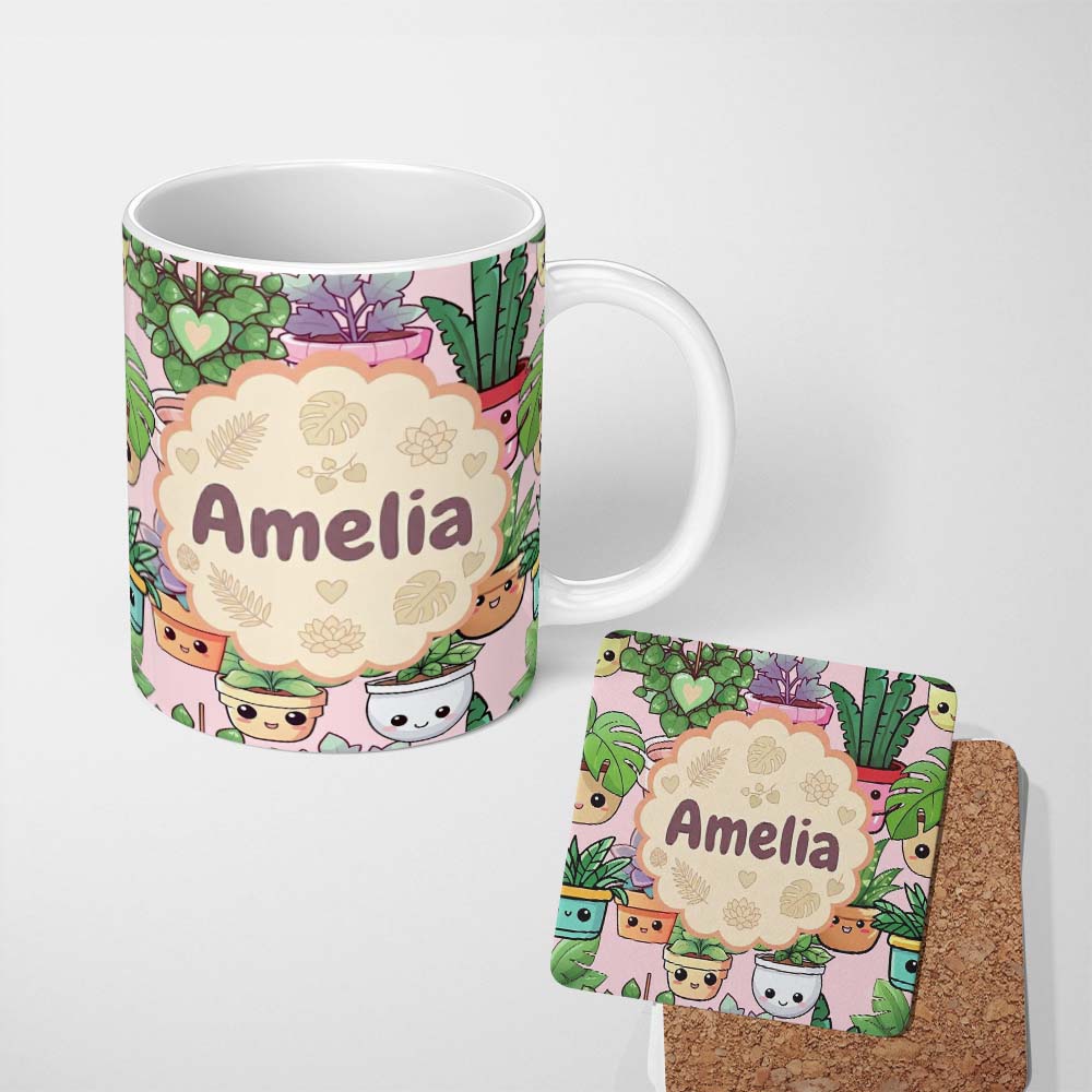 Personalized Custom Name Cute Kawaii Indoor Plants Soft Beige Background Seamless Pattern 11oz Ceramic Coffee Tea Mug White Large Handle