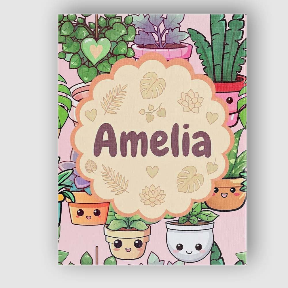 Personalised Name Cute Kawaii Indoor Plants Custom Bespoke Interior Contemporary Canvas Wall Art Print Decor Picture Ready to Hang