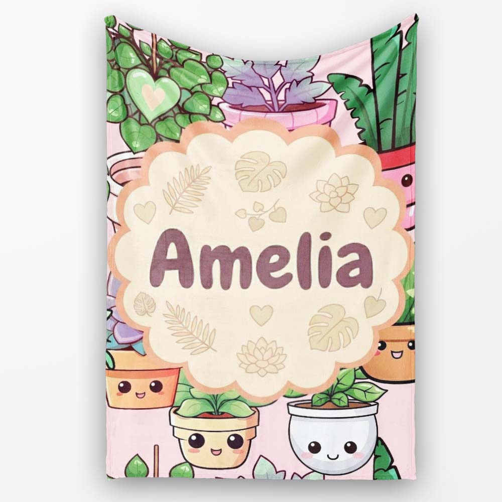 Cute Kawaii Indoor Plants Soft Beige Background Seamless Pattern Personalised Custom Name Super Soft Fleece Blanket Bed Sofa Throw