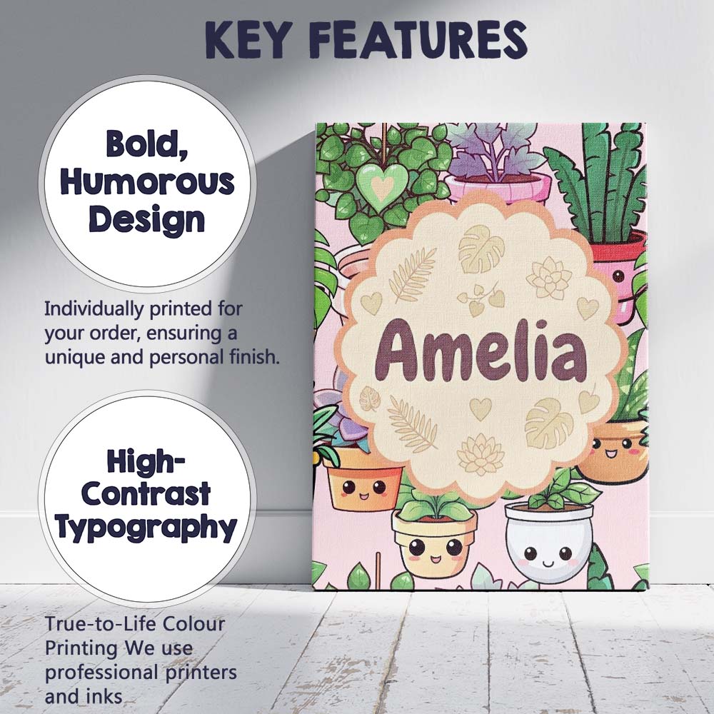 Personalised Name Cute Kawaii Indoor Plants Custom Bespoke Interior Contemporary Canvas Wall Art Print Decor Picture Ready to Hang
