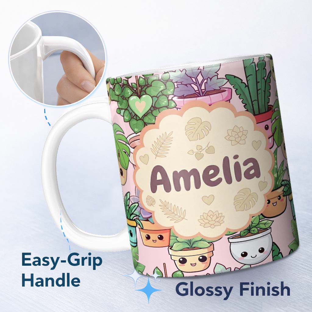 Personalized Custom Name Cute Kawaii Indoor Plants Soft Beige Background Seamless Pattern 11oz Ceramic Coffee Tea Mug White Large Handle