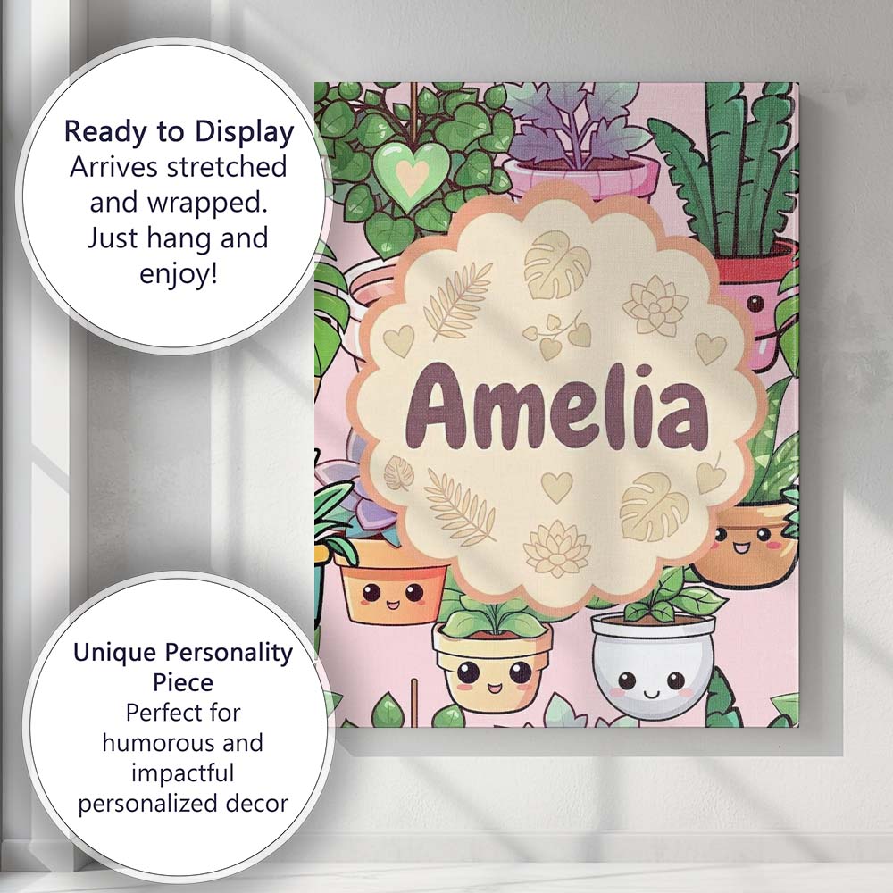 Personalised Name Cute Kawaii Indoor Plants Custom Bespoke Interior Contemporary Canvas Wall Art Print Decor Picture Ready to Hang