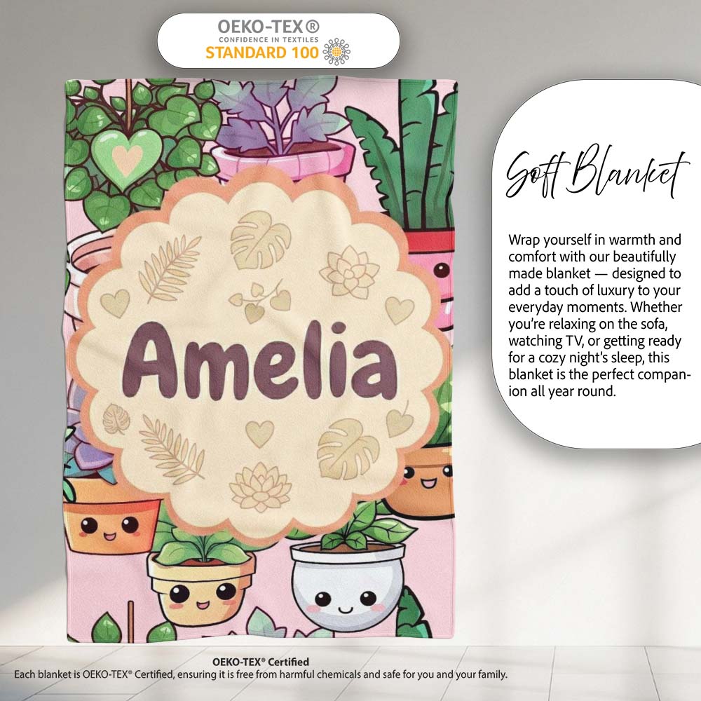 Cute Kawaii Indoor Plants Soft Beige Background Seamless Pattern Personalised Custom Name Super Soft Fleece Blanket Bed Sofa Throw