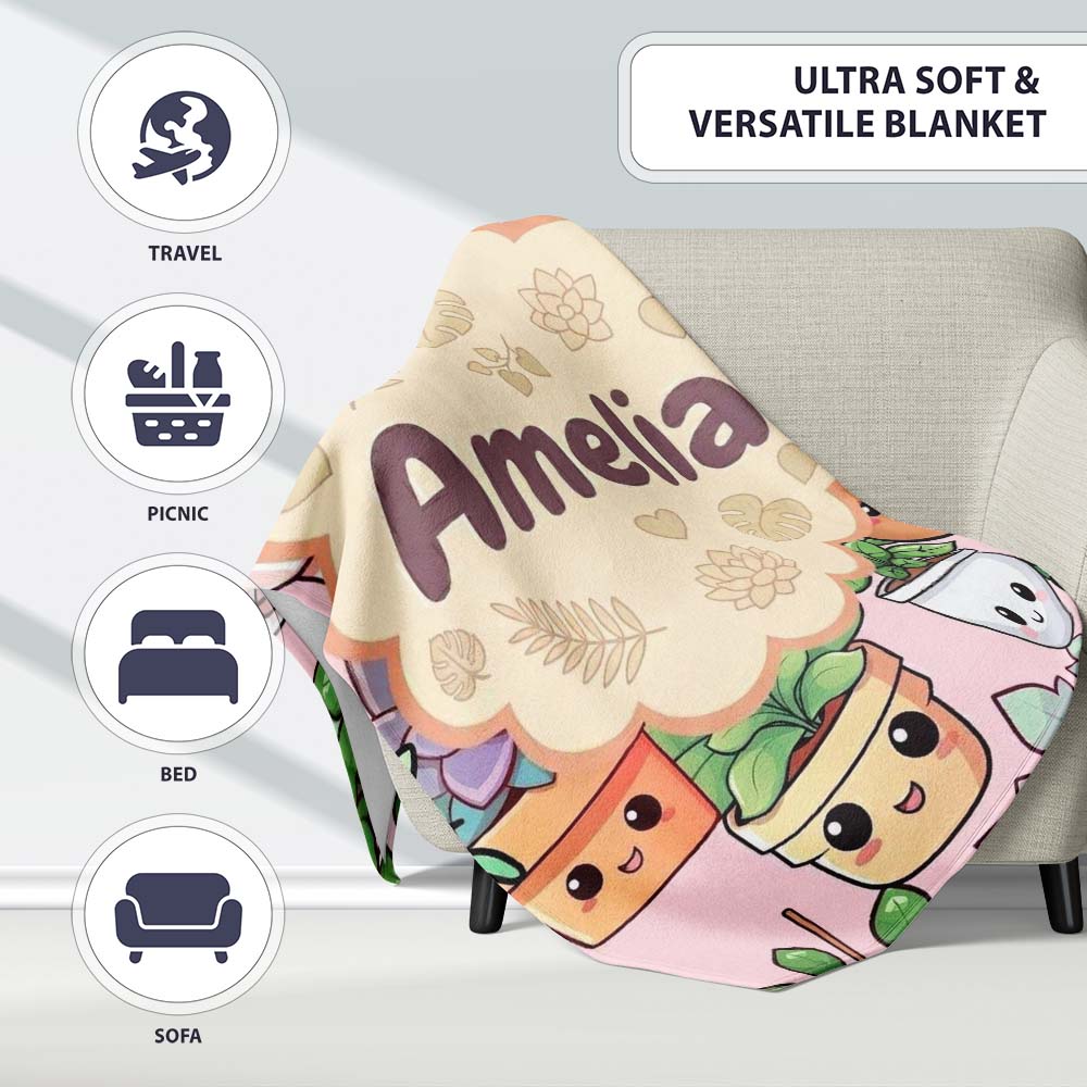 Cute Kawaii Indoor Plants Soft Beige Background Seamless Pattern Personalised Custom Name Super Soft Fleece Blanket Bed Sofa Throw