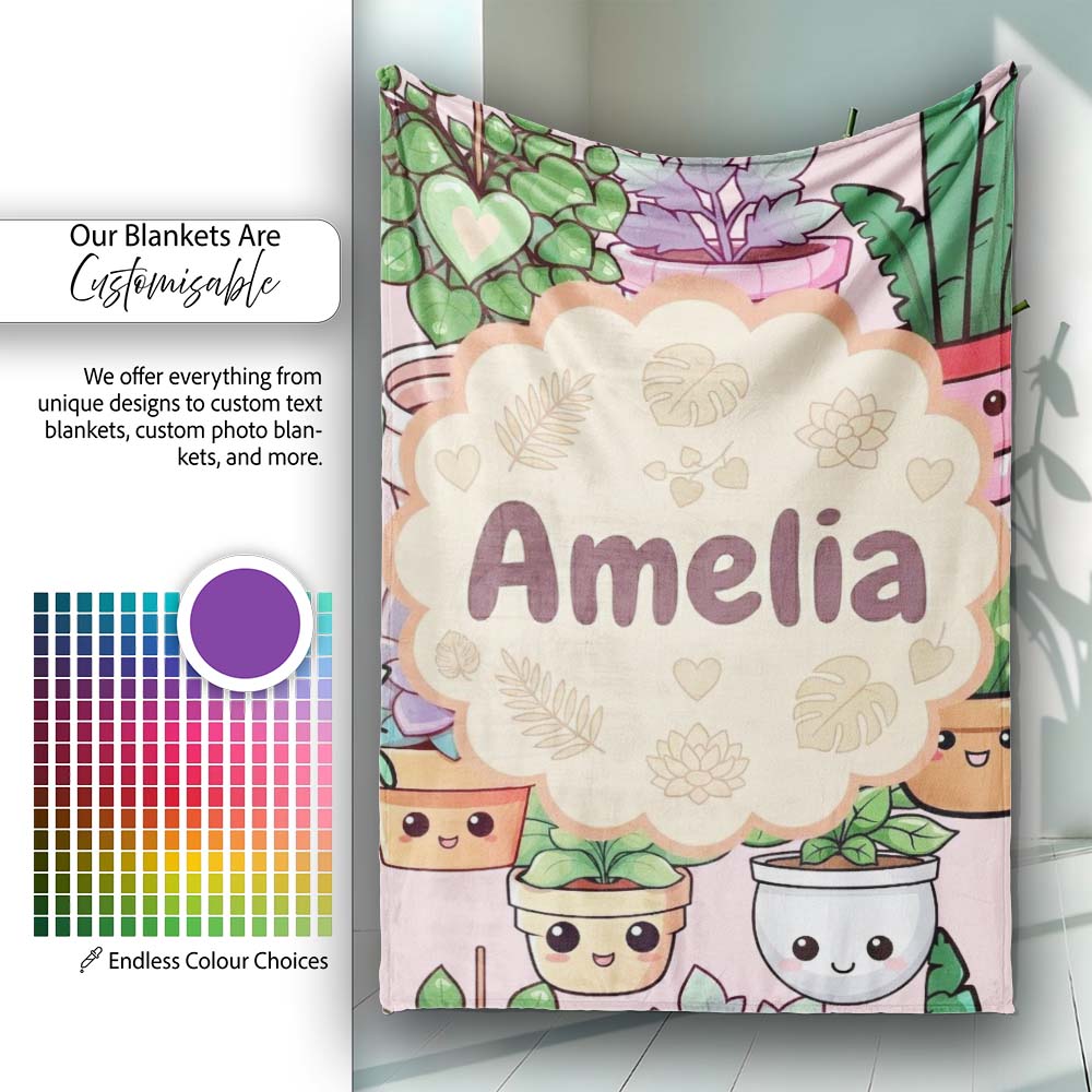 Cute Kawaii Indoor Plants Soft Beige Background Seamless Pattern Personalised Custom Name Super Soft Fleece Blanket Bed Sofa Throw