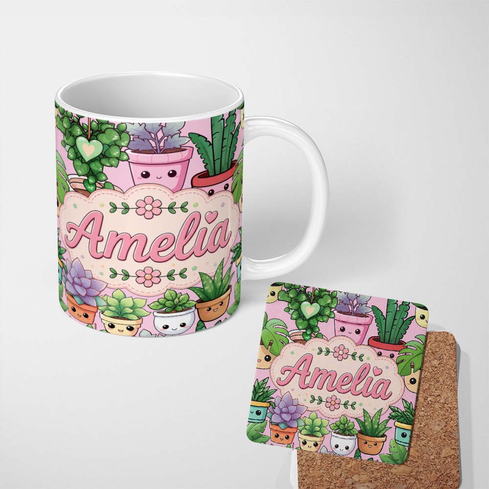 Personalized Custom Name Cute Kawaii Indoor Plants Blush Pink Background Seamless Pattern 11oz Ceramic Coffee Tea Mug White Large Handle
