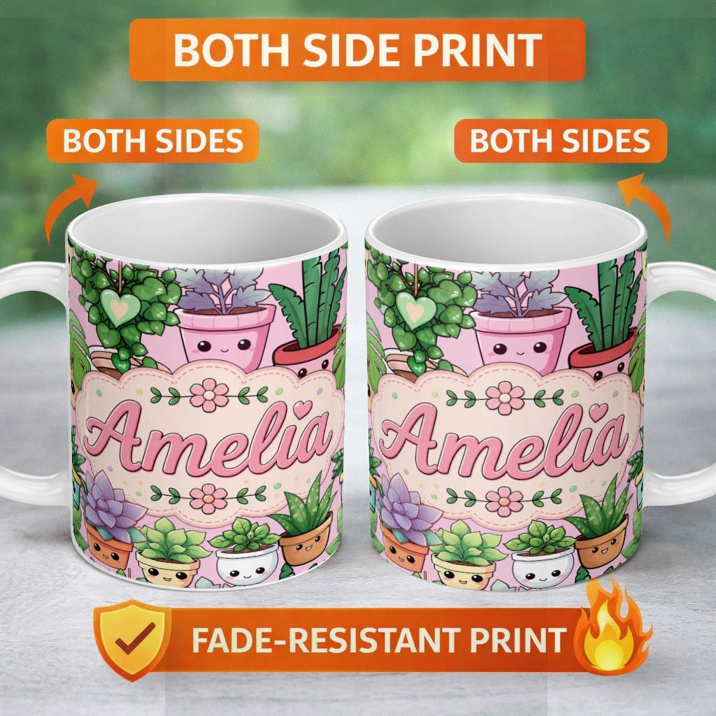 Personalized Custom Name Cute Kawaii Indoor Plants Blush Pink Background Seamless Pattern 11oz Ceramic Coffee Tea Mug White Large Handle