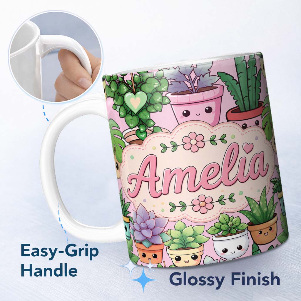 Personalized Custom Name Cute Kawaii Indoor Plants Blush Pink Background Seamless Pattern 11oz Ceramic Coffee Tea Mug White Large Handle