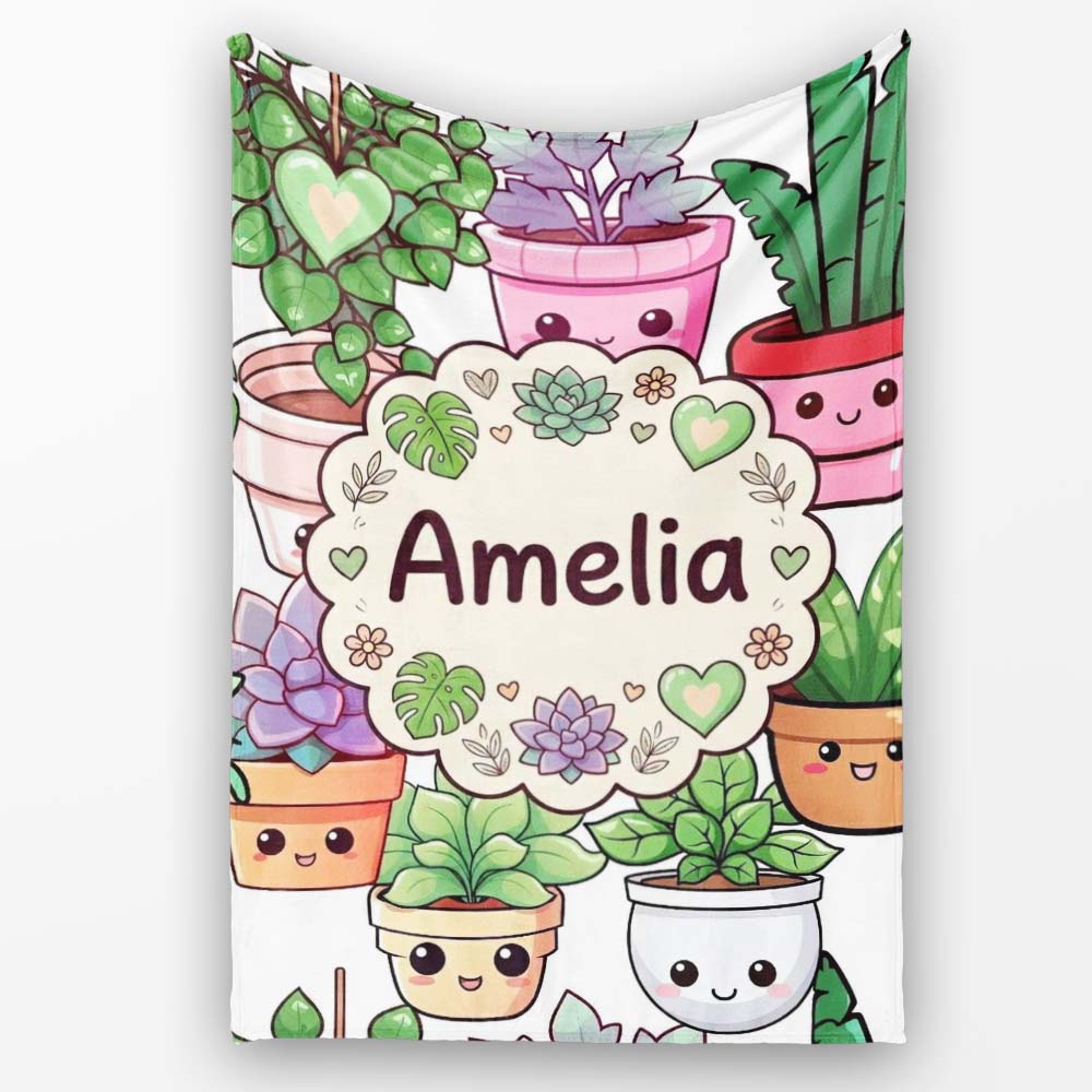 Cute Kawaii Indoor Plants Light Grey Background Seamless Pattern Personalised Custom Name Super Soft Fleece Blanket Bed Sofa Throw