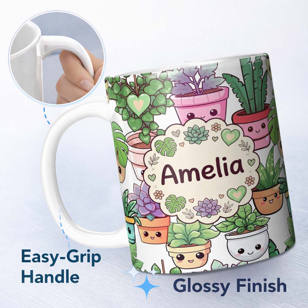 Personalized Custom Name Cute Kawaii Indoor Plants Light Grey Background Seamless Pattern 11oz Ceramic Coffee Tea Mug White Large Handle
