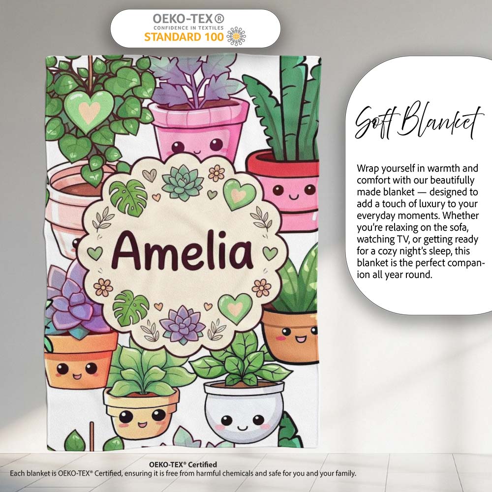 Cute Kawaii Indoor Plants Light Grey Background Seamless Pattern Personalised Custom Name Super Soft Fleece Blanket Bed Sofa Throw