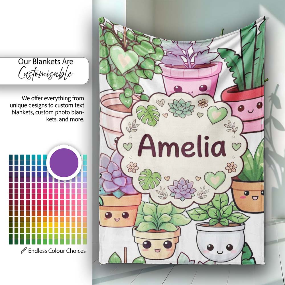 Cute Kawaii Indoor Plants Light Grey Background Seamless Pattern Personalised Custom Name Super Soft Fleece Blanket Bed Sofa Throw