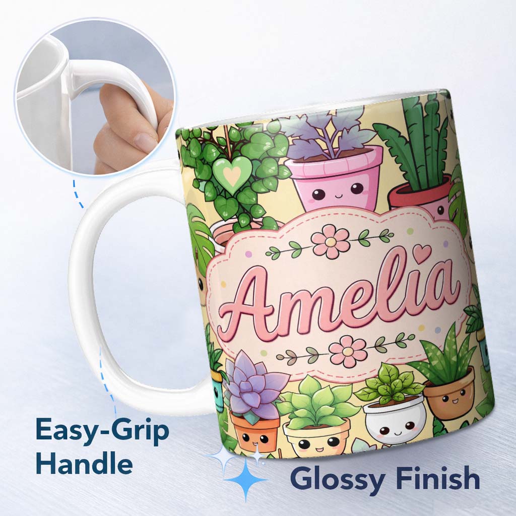 Personalized Custom Name Cute Kawaii Indoor Plants Warm Yellow Background Seamless Pattern 11oz Ceramic Coffee Tea Mug White Large Handle
