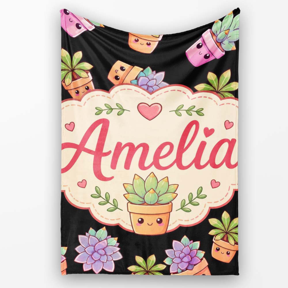 Cute Kawaii Succulent Plants Black Background Seamless Pattern Personalised Custom Name Super Soft Fleece Blanket Bed Sofa Throw