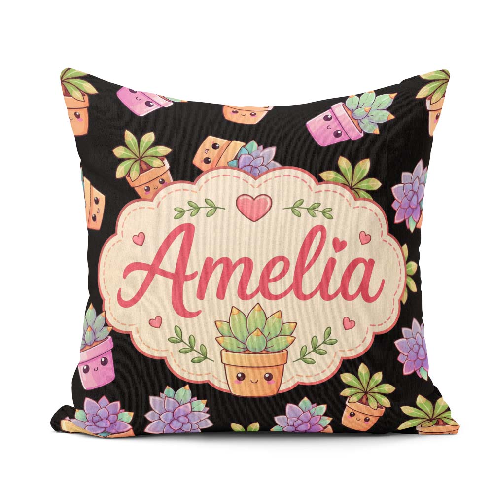 Custom Name Cute Kawaii Plants Black Background Seamless Pattern Square Filled Cushion Throw Pillow Sofa Bed Home Decor Zip Washable UK Made