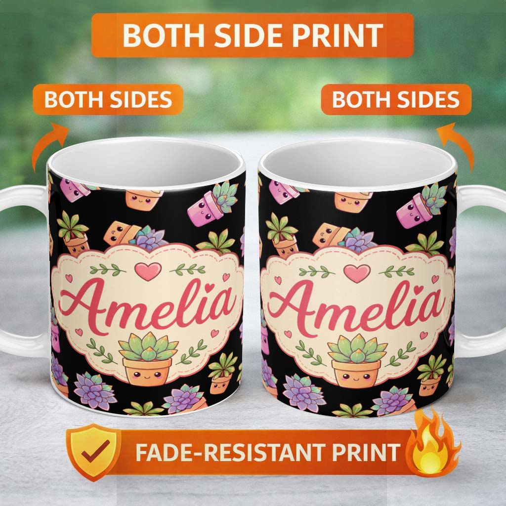 Personalized Custom Name Cute Kawaii Succulent Plants Black Background Seamless Pattern 11oz Ceramic Coffee Tea Mug White Large Handle