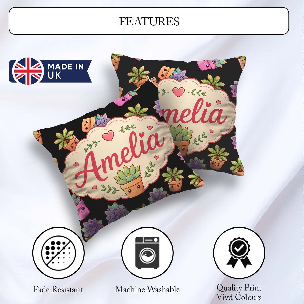 Custom Name Cute Kawaii Plants Black Background Seamless Pattern Square Filled Cushion Throw Pillow Sofa Bed Home Decor Zip Washable UK Made