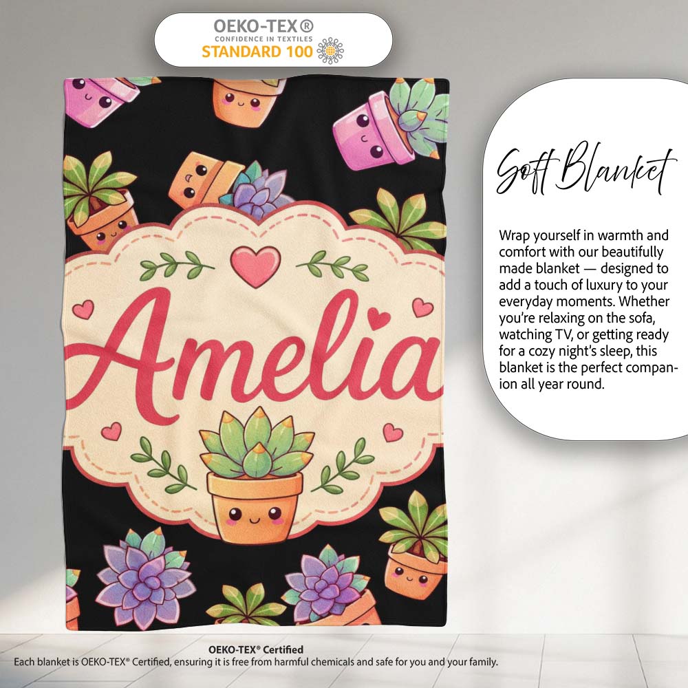 Cute Kawaii Succulent Plants Black Background Seamless Pattern Personalised Custom Name Super Soft Fleece Blanket Bed Sofa Throw