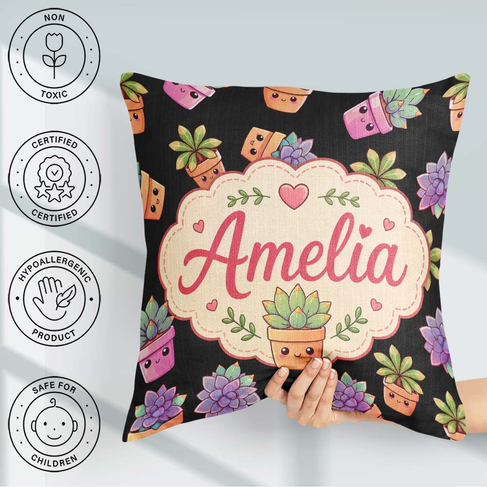 Custom Name Cute Kawaii Plants Black Background Seamless Pattern Square Filled Cushion Throw Pillow Sofa Bed Home Decor Zip Washable UK Made