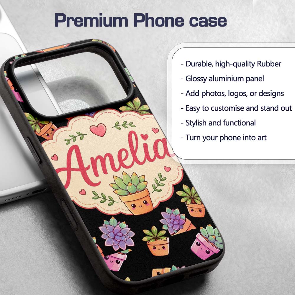 Cute Kawaii Succulent Plants Black Background Custom Name Protective Phone Case Mobile Cover Durable Everyday Smartphone Shock Resistant