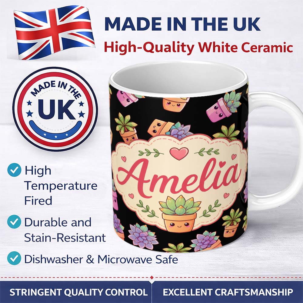 Personalized Custom Name Cute Kawaii Succulent Plants Black Background Seamless Pattern 11oz Ceramic Coffee Tea Mug White Large Handle