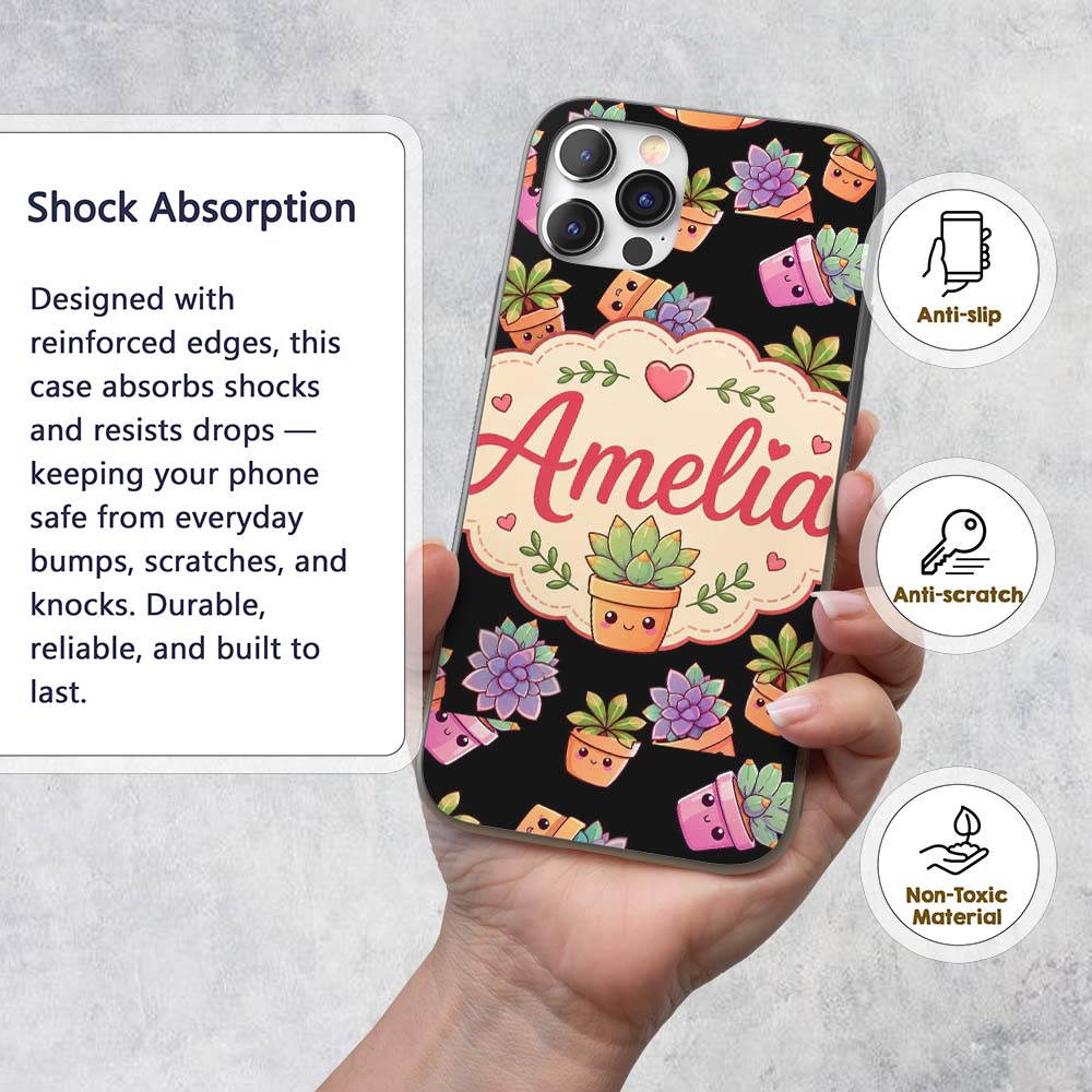 Cute Kawaii Succulent Plants Black Background Custom Name Protective Phone Case Mobile Cover Durable Everyday Smartphone Shock Resistant