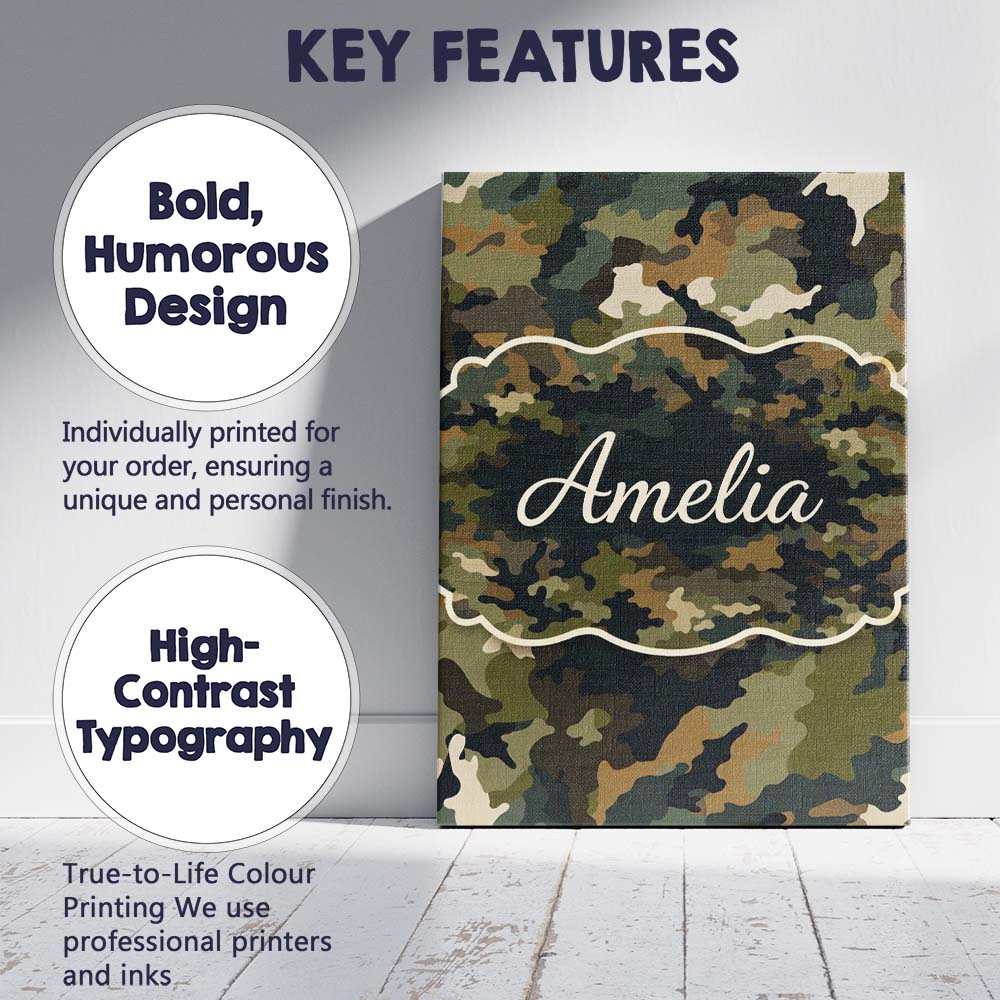 Personalised Name Classic Green Brown Army Camouflage Seamless Custom Modern Room Accent Canvas Wall Art Print Decor Picture Ready to Hang