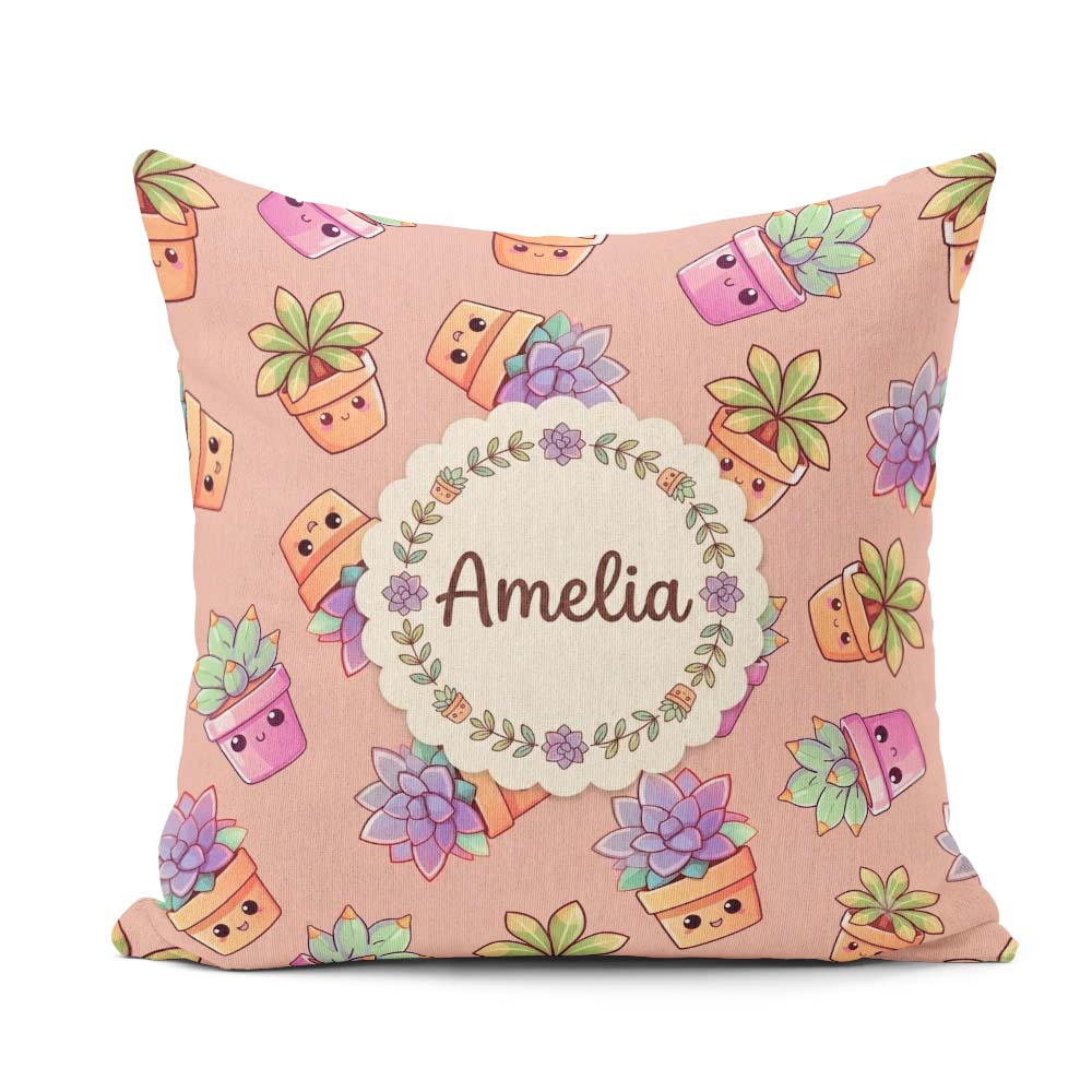 Custom Name Cute Kawaii Plants Peach Background Seamless Pattern Square Filled Cushion Throw Pillow Sofa Bed Home Decor Zip Washable UK Made